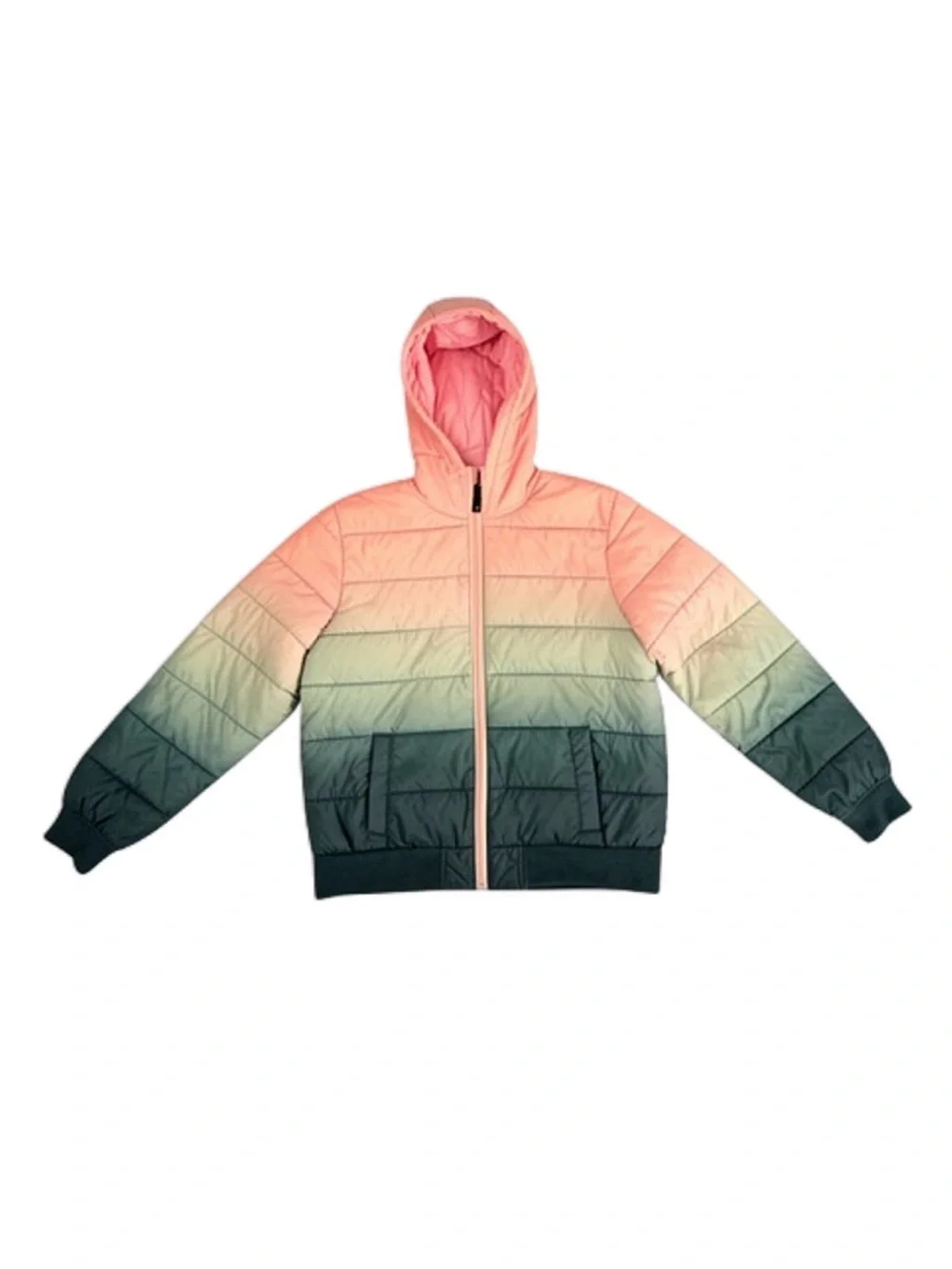 Justice Girls Ombre Hooded Lightweight Puffer Jacket Pink Green Teal